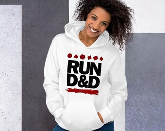 RUN D&D Hoodie i vit Dungeons and Dragons Sweatshirt RPG Gamer Gift DnD Dice Unisex Pullover Fantasy Bordspelskläder DM Present