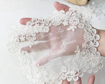 Lace Save The Date Invitation, Handmade Tulle Wedding Card, Elegant Bridal Announcement