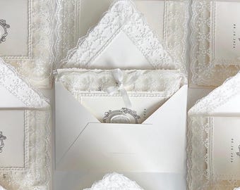 Luxury Pearl Lace Wedding Invitation, Handmade Envelope Invite, Elegant Bridal Stationery Suite