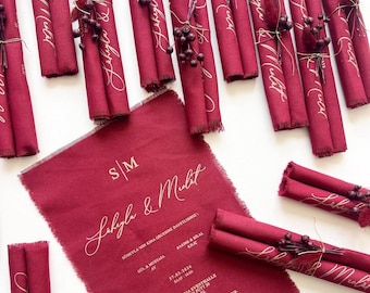 Fabric Wedding Invitations: Red, Dried Floral Accents