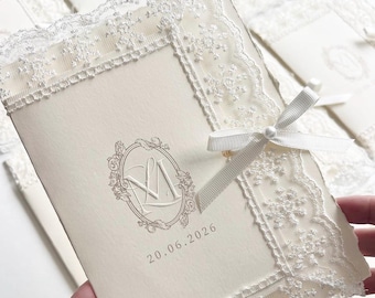 Embossed Monogram Lace Wedding Invitation, Luxury Handmade Bridal Invite, Elegant Vintage Wedding Stationery