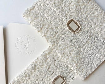 Luxury Laser Cut Wedding Invitation with Embossed Monogram and Gold Foil Wax Seal