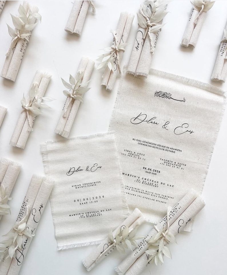Fabric Wedding Invitations: Dried Floral Accents, Rustic Twine - Etsy