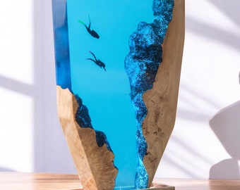 Lampa nurka oceanicznego, niebieska lampa nurka oceanicznego z żywicy, żywica epoksydowa drewno, niestandardowa lampa z żywicy epoksydowej, lampka nocna, ręcznie robiony prezent, prezenty dla mężczyzn