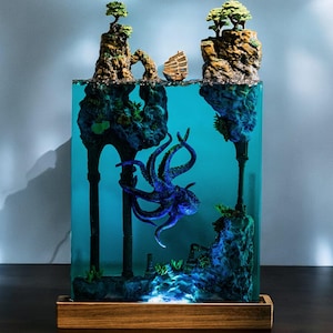 Lamp scuba diver blue ocean, Octopus lamp resin wood, custom resin epoxy lamp, christmas gift, Handmade gift, Gifts for girlfriend