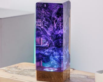 Purple Epoxy Resin Wood Lamp, Resin Custom Night Light, Resin Wood Art Lamp, Table Lamp, Desk Lamp, Home Decor Lamp, Handmade Gift for Him
