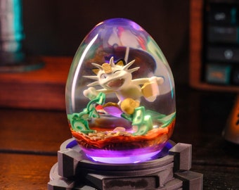 HANDCRAFTED MEOWTH Resin Egg, Custom Night Light for Easter Day, Handmade Gift for Home Decor, Epoxy Resin Lamp Gift for Him