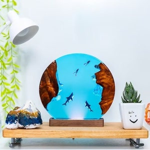 POLYGON DEEP Shark Lamp, Blue Ocean Table Lamp, Custom Night Light, Epoxy Resin Wood Lamp, Handmade Home Decor, Gift for friend