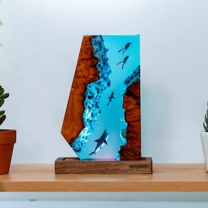 Scuba Diving Resin Lamp, Blue Ocean Table Lamp, Custom Night Light, Epoxy Resin Wood Lamp, Hom Decor Lamp, Handmade Gift for friend