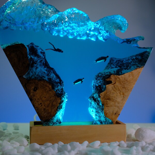 Night light scuba diver, Epoxy resin lamp, Night light wood, Custom resin lamp, Table lamp night light, Bedside lamp wood, Nightstand lamp
