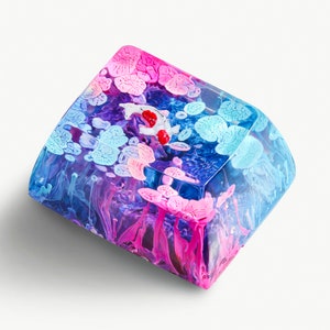 Teclas de resina com estampa de carpa koi rosa e azul | Perfil OEM R1 SA | Teclas ESC rosa e azul | Teclas artesanais para teclados mecânicos Cherry MX para jogos imagem 2