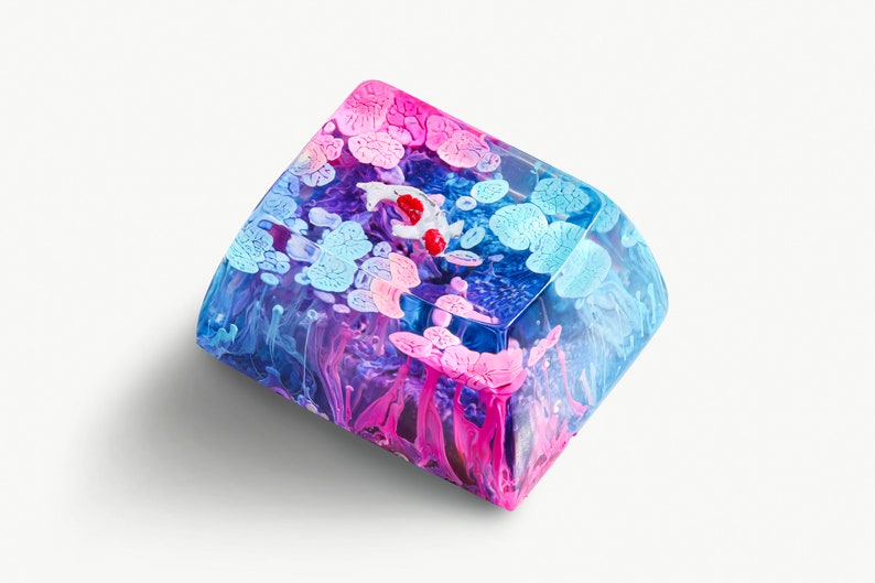Teclas de resina com estampa de carpa koi rosa e azul | Perfil OEM R1 SA | Teclas ESC rosa e azul | Teclas artesanais para teclados mecânicos Cherry MX para jogos imagem 2