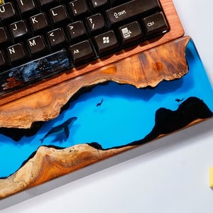 Deep Blue Ocean wrist rest, Keyboard wrist rest, Resin wrist rest, Wooden wrist rest, Resin wrist rest, and Handmade Keycaps