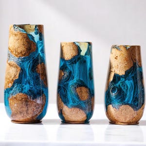 Vase Epoxy Resin Wood, Handmade Vase Flower Resin Blue, Vase Home Decor, Art Decor Vase, Anniversary Gifts, Mother&#39;s Day Gift, Father&#39;s Day