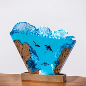 Lamp scuba diver ocean, Ray lamp resin, epoxy resin wood, custom resin epoxy lamp, blue ocean lamp, table lamp resin wood, shark epoxy lamp