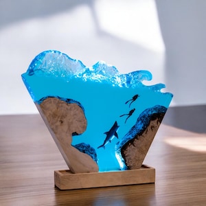 Lamp scuba diver ocean, Ray lamp resin, epoxy resin wood, custom resin epoxy lamp, blue ocean lamp, table lamp resin wood, shark epoxy lamp