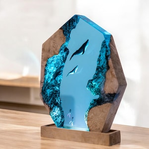 Lamp scuba diver ocean, Ray lamp resin, epoxy resin wood, custom resin epoxy lamp, blue ocean lamp, table lamp resin wood, shark epoxy lamp