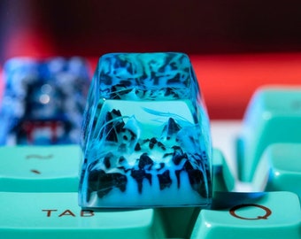 Può includere: Un cappuccio per tasti in resina blu e bianco con una scena di montagna all'interno. Il cappuccio per tasti è posto su una tastiera turchese con la parola "TAB" sul tasto a sinistra del cappuccio per tasti.