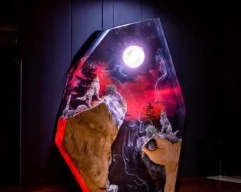 Lamp wolf epoxy resin, epoxy resin wood, custom resin epoxy lamp, red black lamp, Wolf decor art, table lamp night light, bedside lamp wood