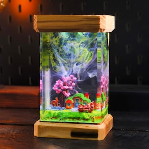 Lamp cherry blossom house, Lamp custom resin, epoxy resin lamp, night light wood, custom resin lamp, cherry blossom pink resin, table lamp