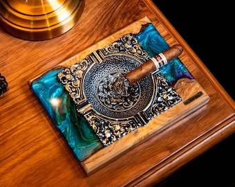 Ashtray resin handmade, rolling tray handmade, Ashtray wood, tobacciana, cigar case wood, bar coasters handmade, vintage ashtray cigar