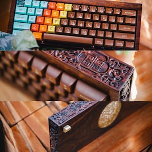 May include: A wooden keyboard with colorful keys and a decorative wooden frame. The keyboard is in a close-up view, showing the intricate details of the wood carving.