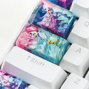 Teclas de resina com estampa de carpa koi rosa e azul | Perfil OEM R1 SA | Teclas ESC rosa e azul | Teclas artesanais para teclados mecânicos Cherry MX para jogos imagem 7