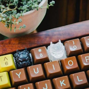 May include: A close-up of a brown keyboard with custom keycaps. The keycaps are 3D printed and feature a dragon design. The keyboard is made of wood and has a vintage look.