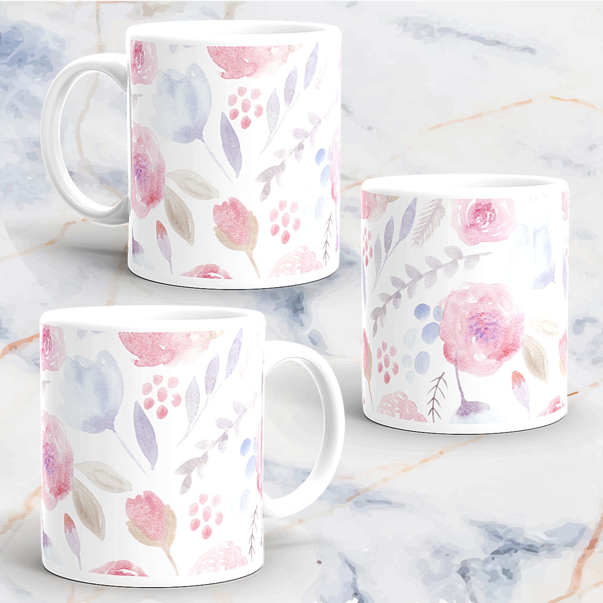 Pink Watercolor Flower Mug Blue Watercolor Floral Mug | Etsy