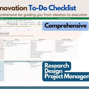 Pu&ograve; includere: Un foglio di calcolo Excel digitale intitolato "Renovation To-Do Checklist". Il documento include sezioni per la ricerca, l'interior design e il monitoraggio della ristrutturazione. Vengono visualizzate anche le parole "Comprehensive" e "Research Design Project Management".