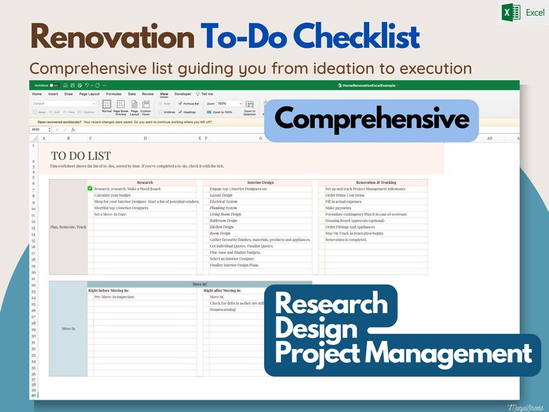 Pu&ograve; includere: Un foglio di calcolo Excel digitale intitolato "Renovation To-Do Checklist". Il documento include sezioni per la ricerca, l'interior design e il monitoraggio della ristrutturazione. Vengono visualizzate anche le parole "Comprehensive" e "Research Design Project Management".