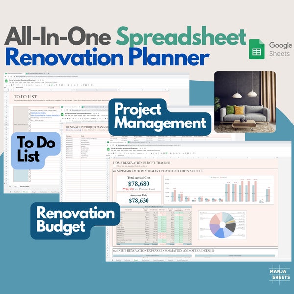 Renovation Planner, Interior Design Project Planner, Home Planner, Home Organization, Renovation Budget, Home Remodel Expense, Google Sheets