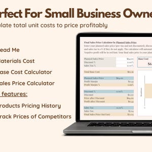 May include: A laptop displays a Google Sheets spreadsheet designed for small business owners. The screen shows a sales price calculator with fields for planned sales price, discount, and sales tax. Additional features include product pricing history and competitor price tracking.
