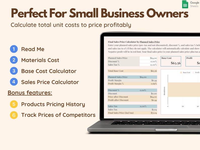 May include: A laptop displays a Google Sheets spreadsheet designed for small business owners. The screen shows a sales price calculator with fields for planned sales price, discount, and sales tax. Additional features include product pricing history and competitor price tracking.