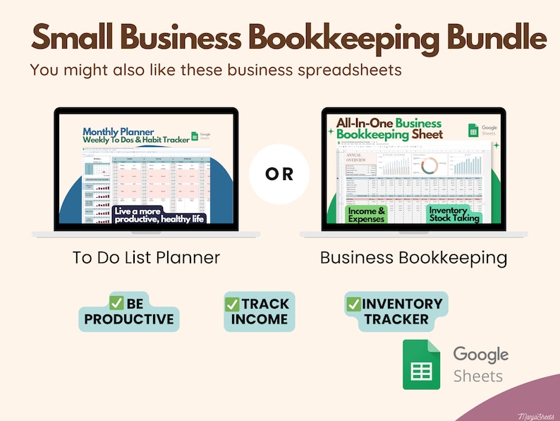 May include: A digital bundle for small business bookkeeping, featuring a monthly planner and an all-in-one bookkeeping sheet. The image includes the text "Small Business Bookkeeping Bundle" and "To Do List Planner" and "Business Bookkeeping". The bundle helps users be productive, track income, and track inventory.