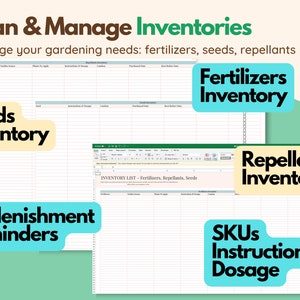 Puede incluir: Una plantilla de hoja de c&aacute;lculo para gestionar el inventario de jardiner&iacute;a. La plantilla incluye secciones para fertilizantes, semillas y repelentes. Tambi&eacute;n incluye una secci&oacute;n para recordatorios de reposici&oacute;n, SKU, instrucciones y dosificaci&oacute;n.