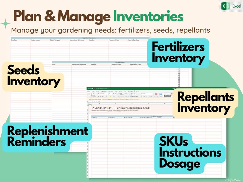 Puede incluir: Una plantilla de hoja de c&aacute;lculo para gestionar el inventario de jardiner&iacute;a. La plantilla incluye secciones para fertilizantes, semillas y repelentes. Tambi&eacute;n incluye una secci&oacute;n para recordatorios de reposici&oacute;n, SKU, instrucciones y dosificaci&oacute;n.