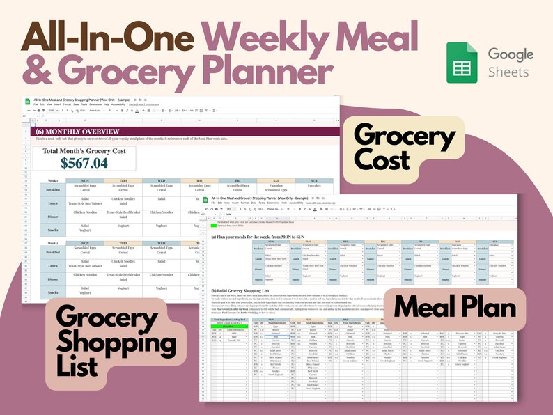 Grocery List and Meal Planner Google Sheets Meal Plan Etsy