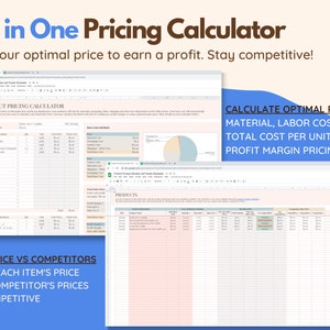 May include: A digital graphic promoting a pricing calculator. The text reads "All in One Pricing Calculator" and "Set your optimal price to earn a profit. Stay competitive!" The image also shows a spreadsheet with the text "Product Pricing Calculator".