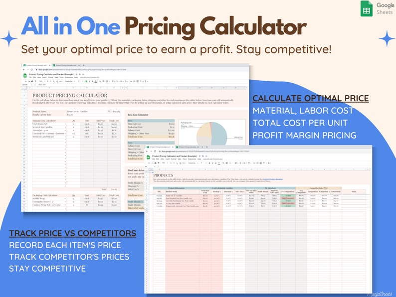 May include: A digital graphic promoting a pricing calculator. The text reads "All in One Pricing Calculator" and "Set your optimal price to earn a profit. Stay competitive!" The image also shows a spreadsheet with the text "Product Pricing Calculator".