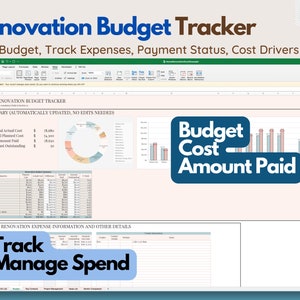 Pu&ograve; includere: Un foglio di calcolo digitale intitolato "Renovation Budget Tracker" con il testo "Plan Budget, Track Expenses, Payment Status, Cost Drivers". Il foglio di calcolo include grafici e tabelle per il monitoraggio dei costi, degli importi pagati e delle spese.