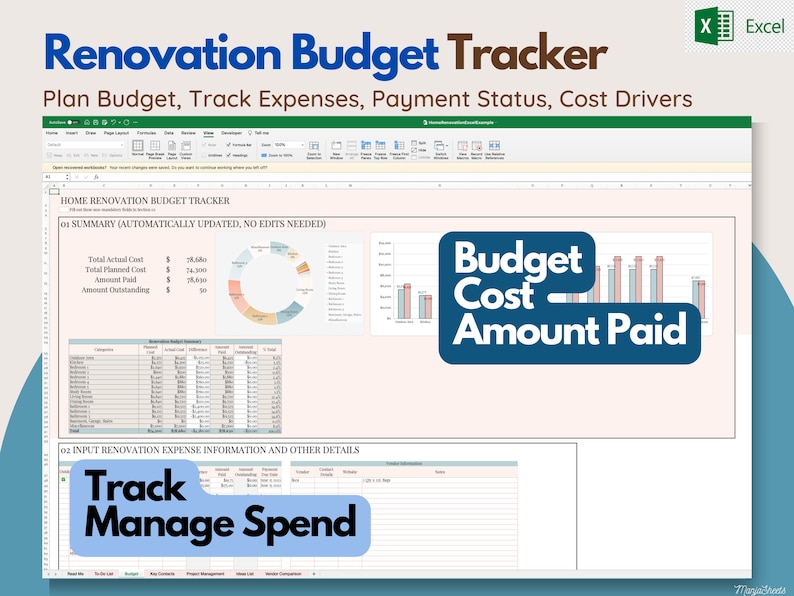Pu&ograve; includere: Un foglio di calcolo digitale intitolato "Renovation Budget Tracker" con il testo "Plan Budget, Track Expenses, Payment Status, Cost Drivers". Il foglio di calcolo include grafici e tabelle per il monitoraggio dei costi, degli importi pagati e delle spese.