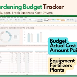 Puede incluir: Una hoja de c&aacute;lculo con una barra de t&iacute;tulo verde y blanca que dice "Gardening Budget Tracker: Plan Budget, Track Expenses, Cost Drivers". La hoja de c&aacute;lculo se titula "2022 Gardening Expenses Budgeting & Tracker". La hoja de c&aacute;lculo contiene un gr&aacute;fico circular, un gr&aacute;fico de barras y una tabla con columnas para "A&ntilde;o", "Gardening Expenses", "Coste presupuestado", "Coste real", "Diferencia", "Cantidad pagada", "Pendiente", "Fecha de vencimiento" y "Notas". La hoja de c&aacute;lculo tambi&eacute;n incluye un cuadro de texto que dice "Presupuesto Coste real Cantidad pagada Equipo Fertilizantes Plantas".