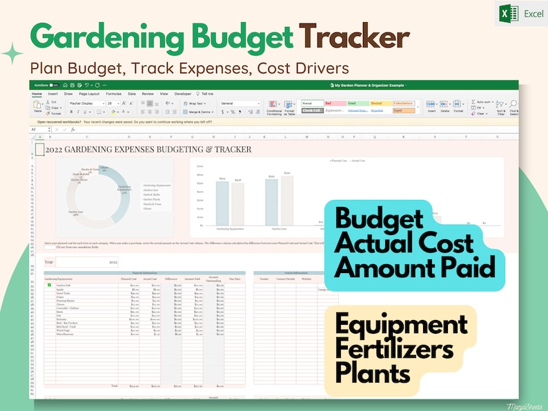 Puede incluir: Una hoja de c&aacute;lculo con una barra de t&iacute;tulo verde y blanca que dice "Gardening Budget Tracker: Plan Budget, Track Expenses, Cost Drivers". La hoja de c&aacute;lculo se titula "2022 Gardening Expenses Budgeting & Tracker". La hoja de c&aacute;lculo contiene un gr&aacute;fico circular, un gr&aacute;fico de barras y una tabla con columnas para "A&ntilde;o", "Gardening Expenses", "Coste presupuestado", "Coste real", "Diferencia", "Cantidad pagada", "Pendiente", "Fecha de vencimiento" y "Notas". La hoja de c&aacute;lculo tambi&eacute;n incluye un cuadro de texto que dice "Presupuesto Coste real Cantidad pagada Equipo Fertilizantes Plantas".