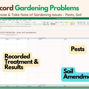 Puede incluir: Una plantilla de hoja de c&aacute;lculo para registrar problemas de jardiner&iacute;a, incluyendo plagas y enmiendas del suelo. La plantilla est&aacute; dise&ntilde;ada para ayudar a los jardineros a hacer un seguimiento de los problemas de las plantas, los tratamientos y los resultados. La hoja de c&aacute;lculo se titula "Problemas de jardiner&iacute;a - Plagas, enmiendas del suelo".