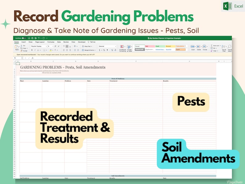 Puede incluir: Una plantilla de hoja de c&aacute;lculo para registrar problemas de jardiner&iacute;a, incluyendo plagas y enmiendas del suelo. La plantilla est&aacute; dise&ntilde;ada para ayudar a los jardineros a hacer un seguimiento de los problemas de las plantas, los tratamientos y los resultados. La hoja de c&aacute;lculo se titula "Problemas de jardiner&iacute;a - Plagas, enmiendas del suelo".