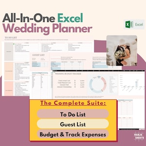 May include: An Excel wedding planner with a To-Do List, Guest List, and Budget & Track Expenses sections. The image includes a photo of a couple and the Excel logo. The text reads "All-In-One Wedding Planner" and "The Complete Suite".