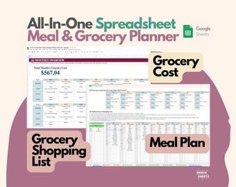 Weekly Meal Planner Google Sheet: Grocery List, Expense Tracker (Printable Planner)