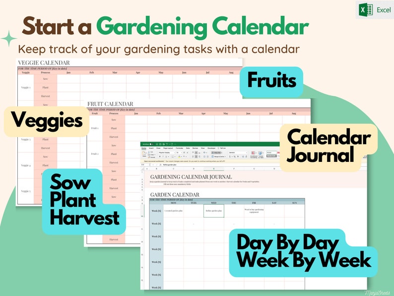 Puede incluir: Una plantilla de calendario de jardiner&iacute;a imprimible en formato Excel. La plantilla incluye secciones para "Vegetales", "Frutas" y un "Diario del calendario". El calendario est&aacute; dise&ntilde;ado para ayudar a los jardineros a llevar un registro de sus tareas, incluyendo la siembra, la plantaci&oacute;n y la cosecha.
