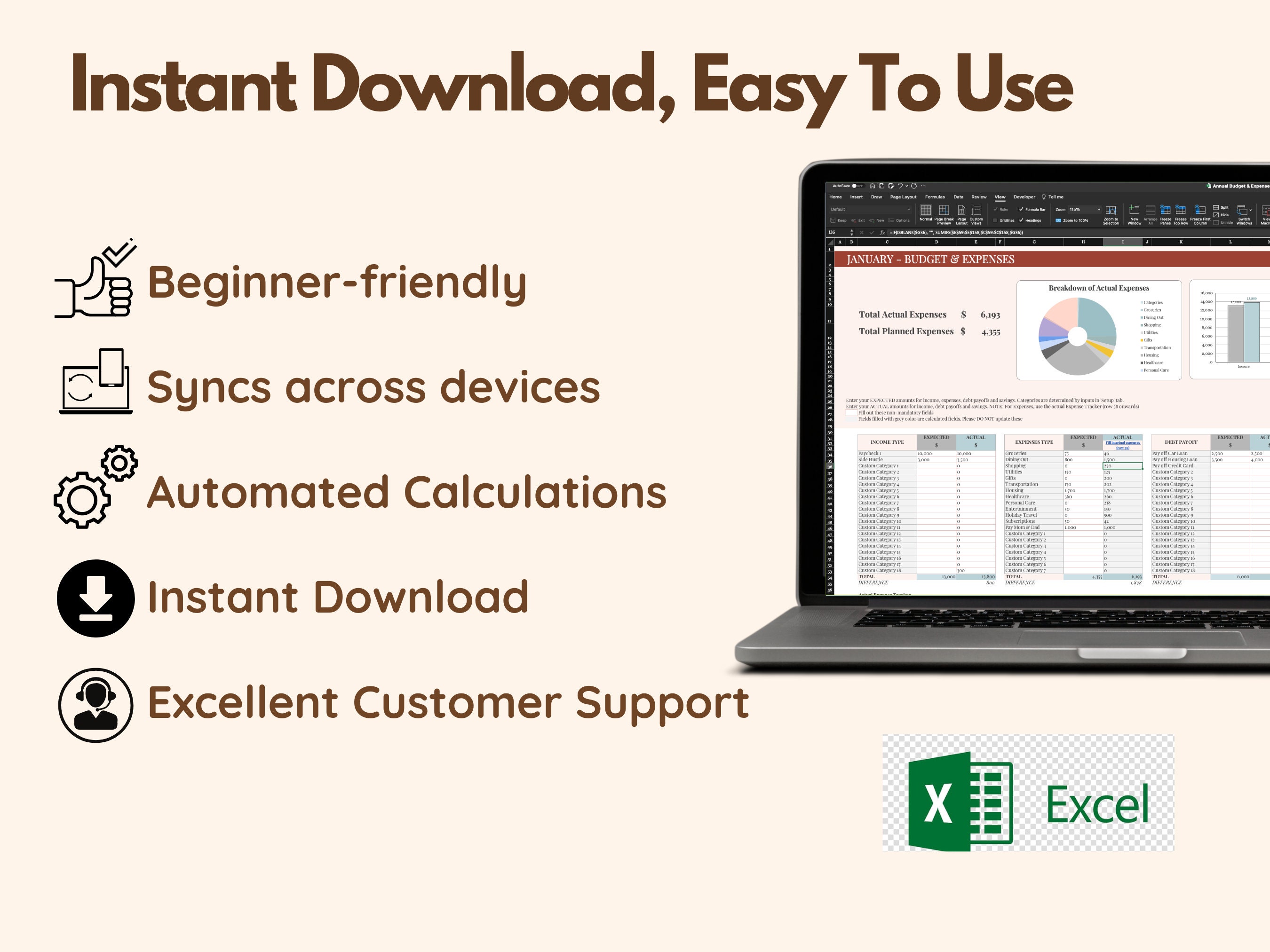 Annual Budget Planner: Excel Expense & Income Tracker (digital Download ...